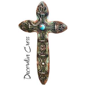 Montana West Rustic 12” Scrollwork Hand Painted Turquoise Gem Wall Cross
